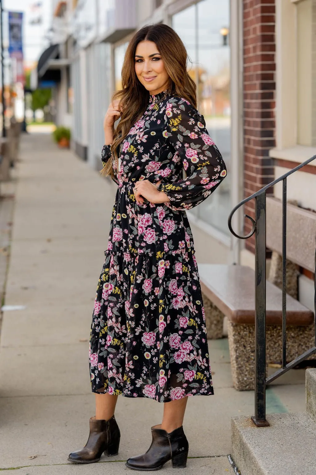 Blossoming Buds Long Sleeve Midi Dress