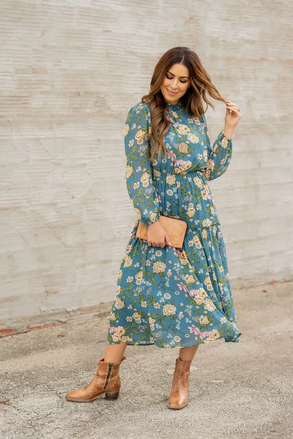 Blossoming Buds Long Sleeve Midi Dress