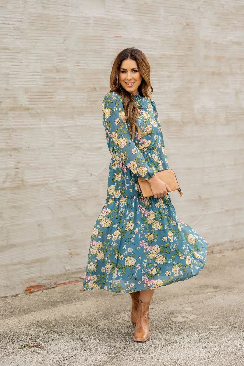 Blossoming Buds Long Sleeve Midi Dress