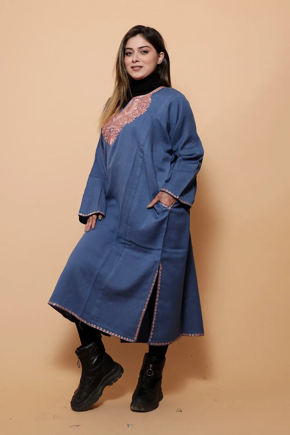 Blue Color Kashmiri  Work Embroidered Phiran Enriched With Zari Neckline Pattern