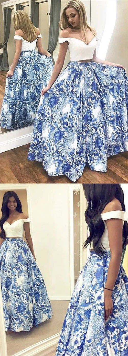 Blue Floral Satin Two Piece Off-the-Shoulder Long Prom Dress, Party Dress, M263