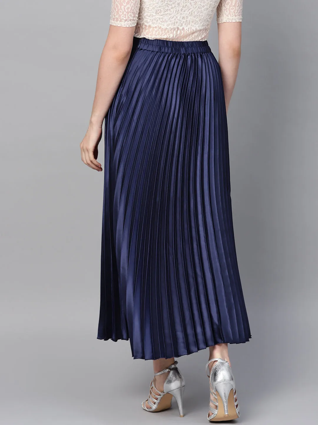 Blue Satin Pleated Maxi Skirt