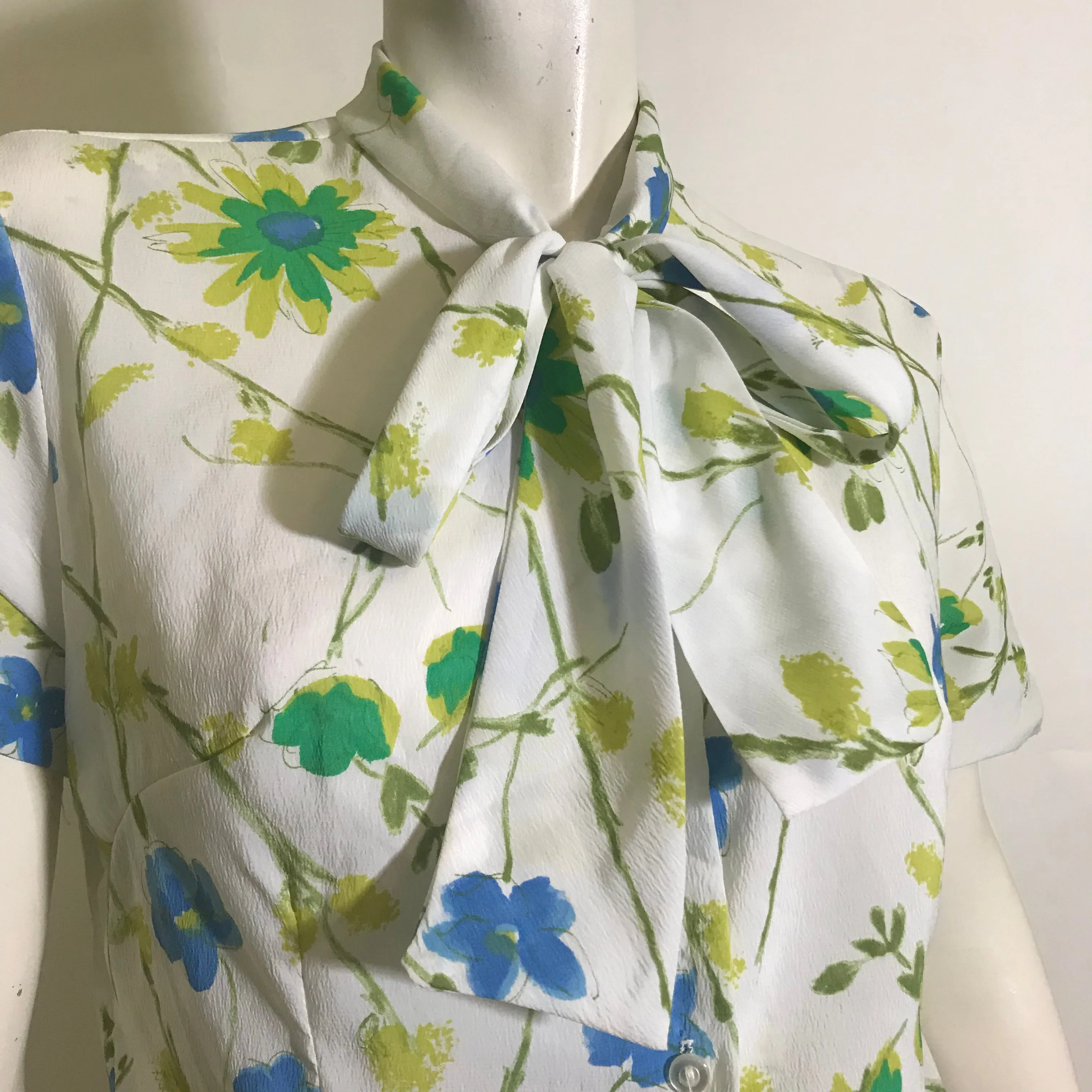 Bright Aqua Blue Floral Print Bow Trimmed Blouse circa 1960s