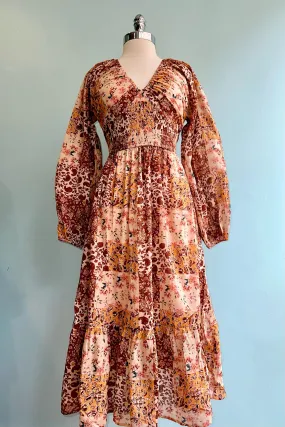 Brown and Mustard Floral Patchwork Midi Dress