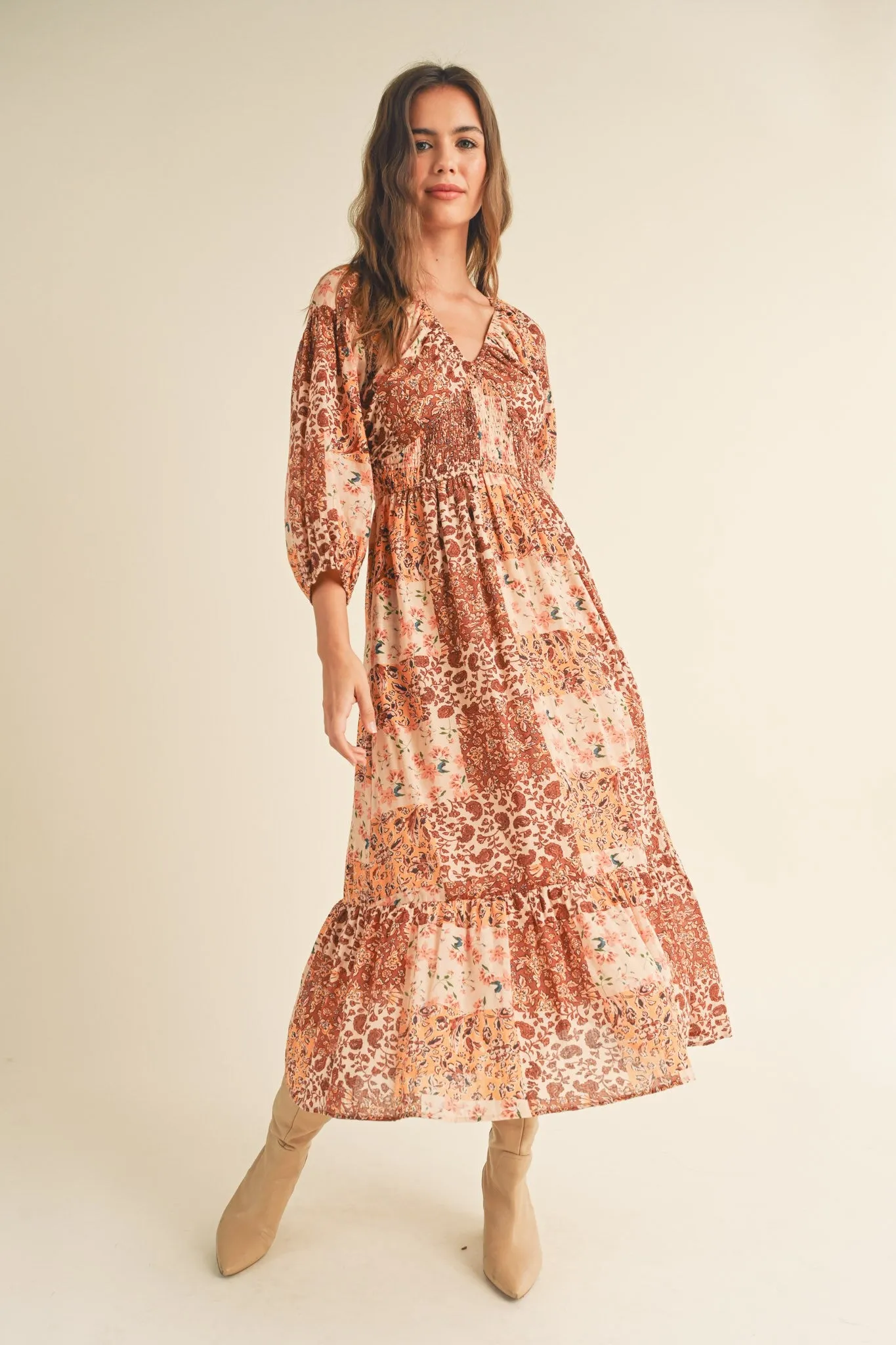 Brown and Mustard Floral Patchwork Midi Dress