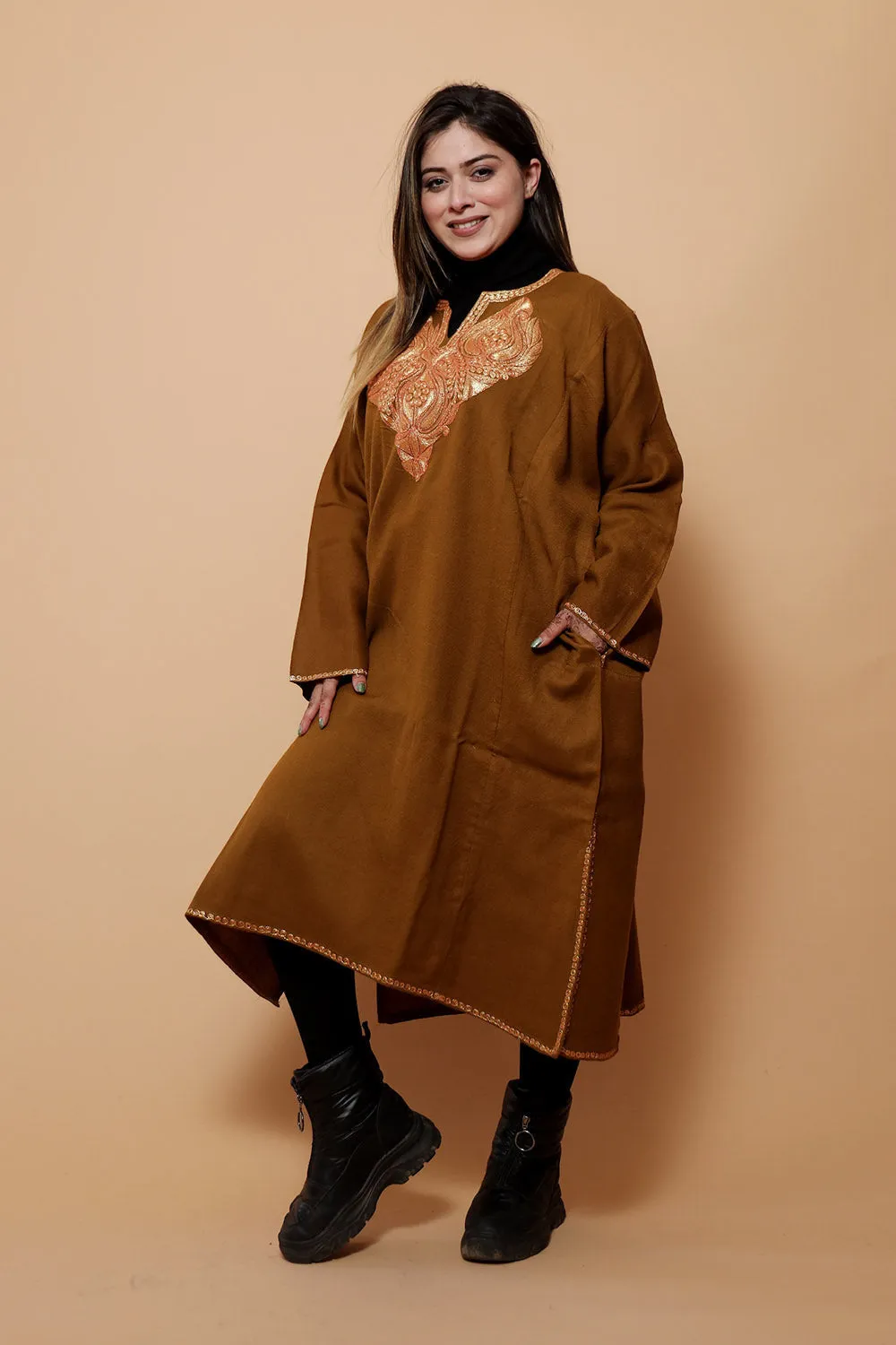 Brown  Color Kashmiri  Work Embroidered Phiran Enriched With Zari Neckline Pattern