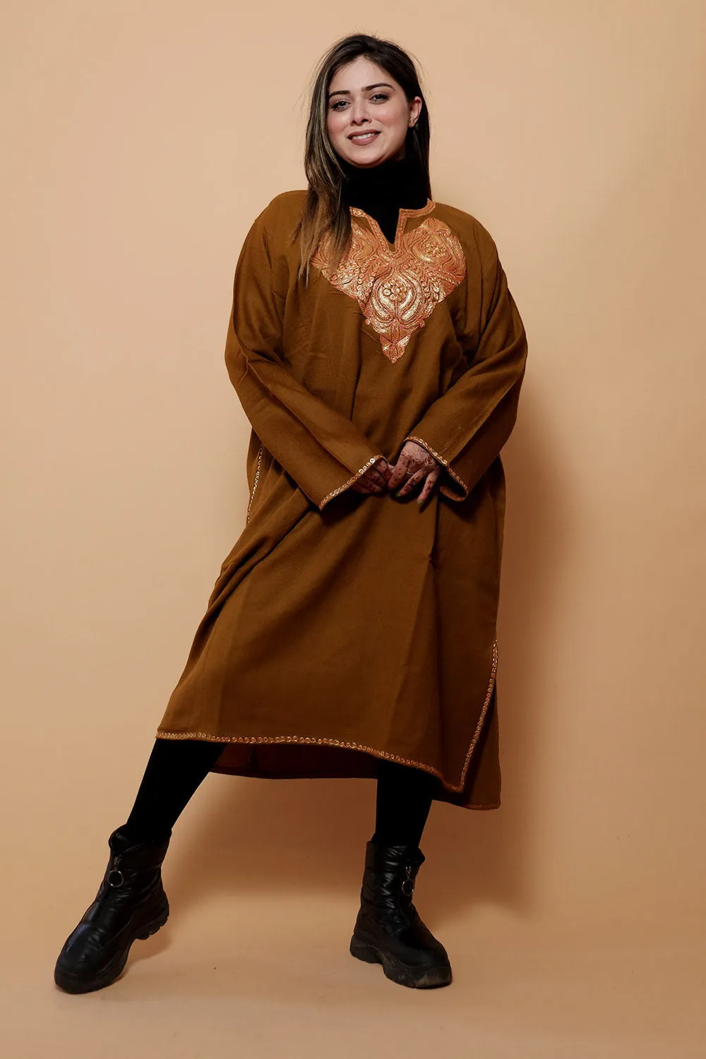 Brown  Color Kashmiri  Work Embroidered Phiran Enriched With Zari Neckline Pattern