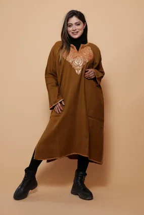 Brown  Color Kashmiri  Work Embroidered Phiran Enriched With Zari Neckline Pattern