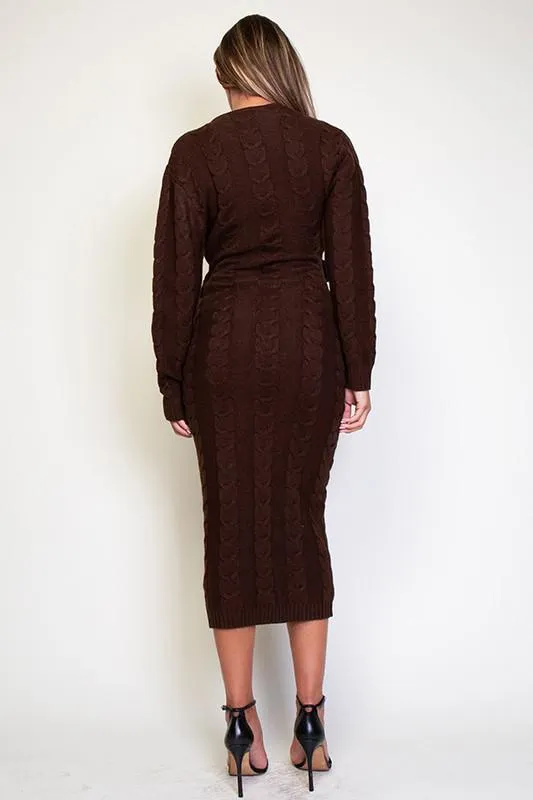 CABLE KNITTED V NECK WRAPPED MIDI DRESS