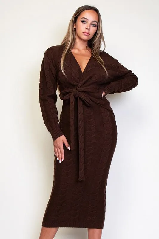 CABLE KNITTED V NECK WRAPPED MIDI DRESS