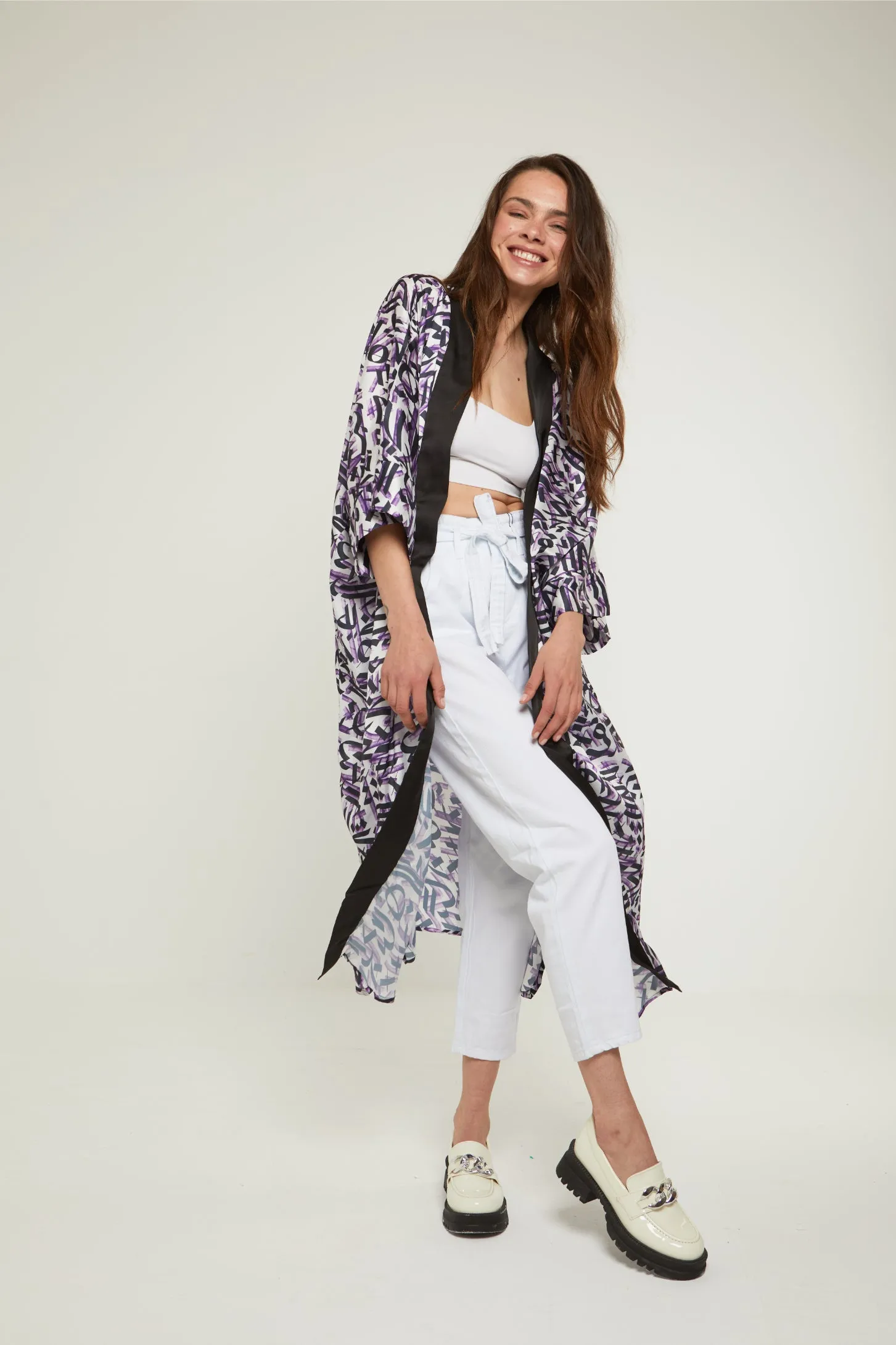 CALLIGRAPHY DREAM SATIN KIMONO - WHITE