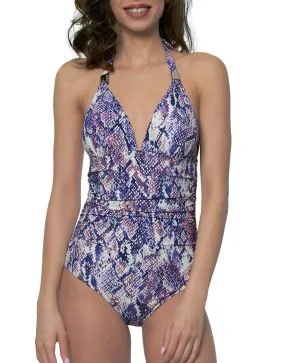 Calvin Klein Liquid Shirred Halter One Piece Swimsuit Navy Python Print CG9MP710