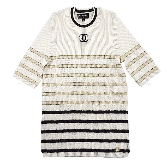 CHANEL Knit Heart Pattern Striped Short-Sleeved with Coco Buttons #36 Ivory/Black Cashmere P73505[BRAND NEW][Authentic]