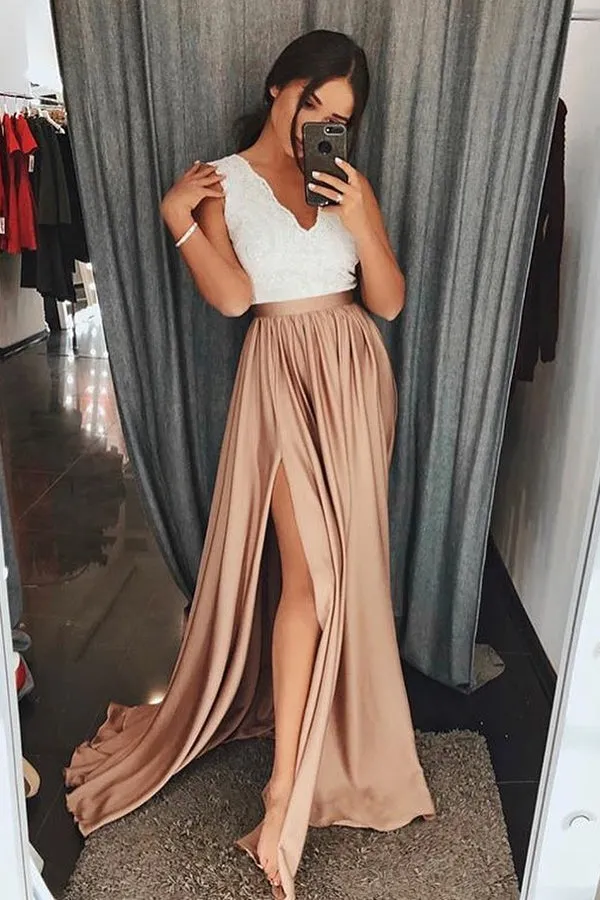 Charming Chiffon A Line V Neck Backless Side Slit Long Prom Dresses, SP353