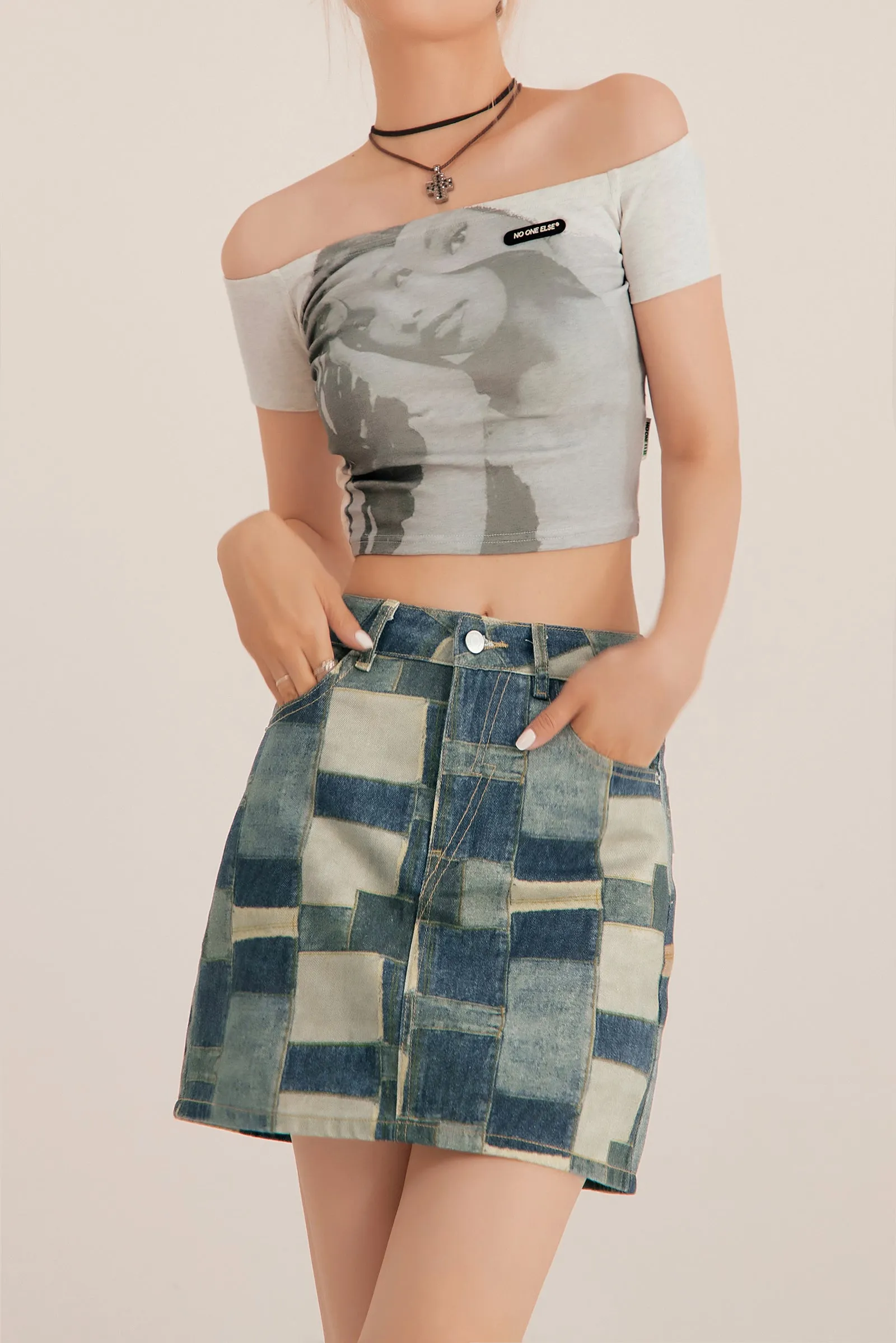 Check Vintage Denim Skirt