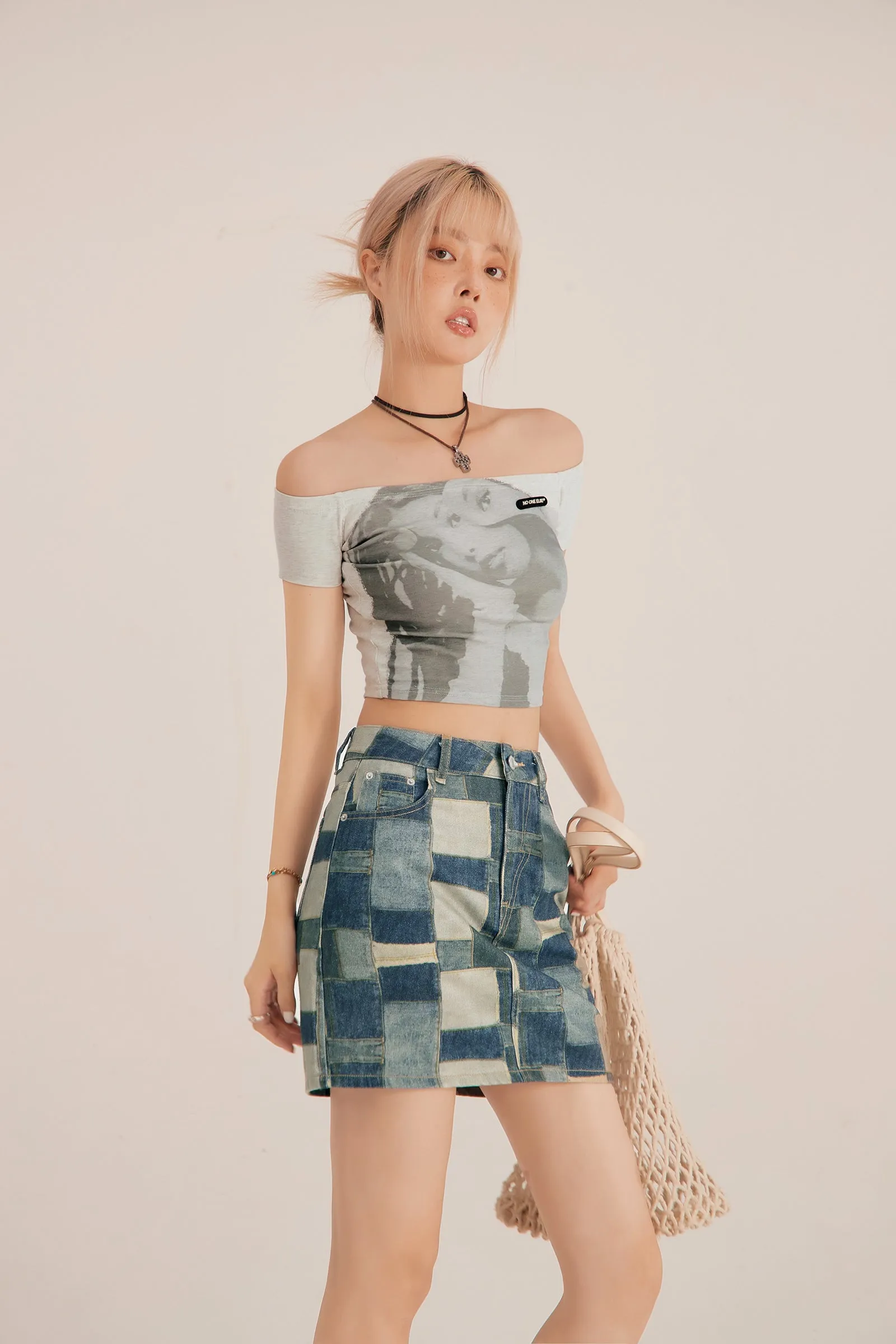 Check Vintage Denim Skirt