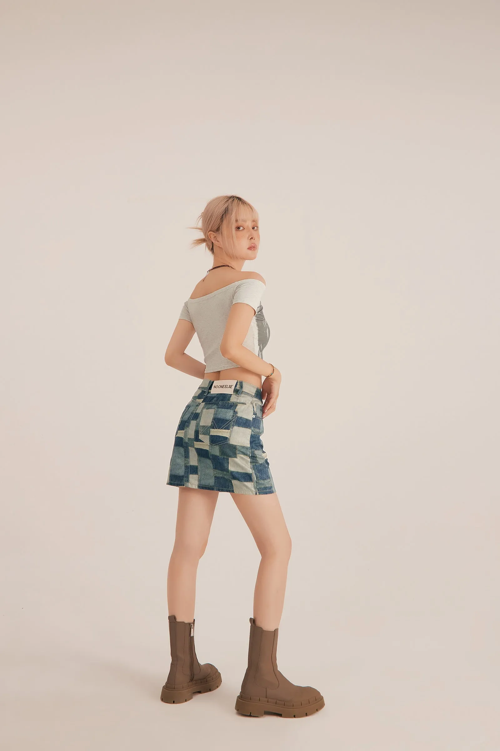 Check Vintage Denim Skirt