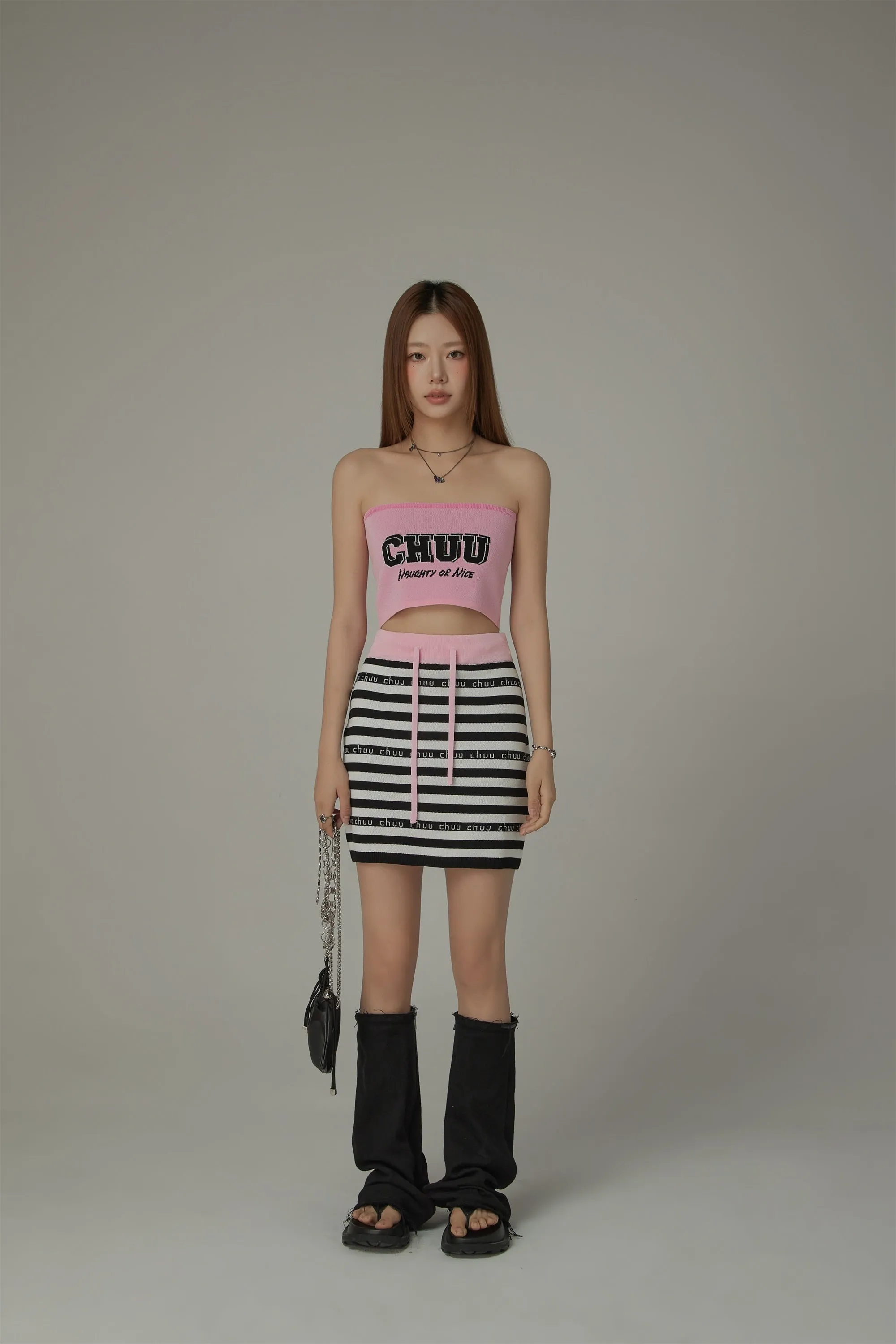 Color Banded String Chuu Lettering Striped Skirt