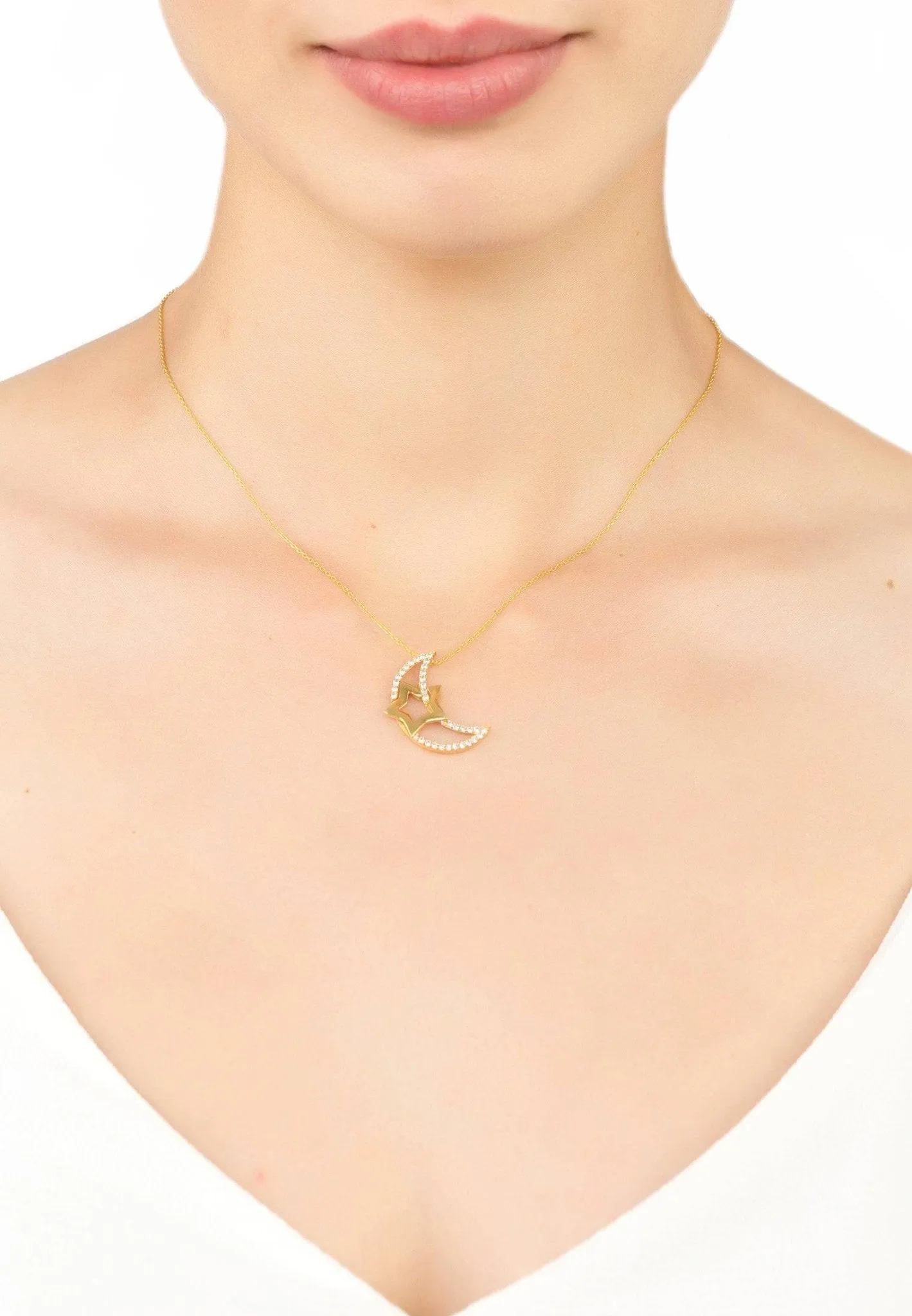 Crescent Moon & Star Pendant Necklace Rosegold