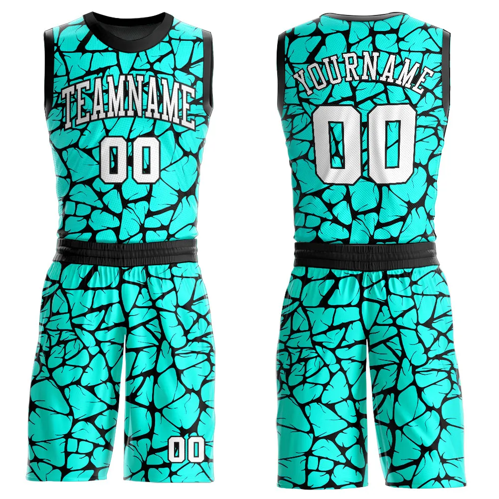 Custom Aqua White-Black Round Neck Sublimation Basketball Suit Jersey