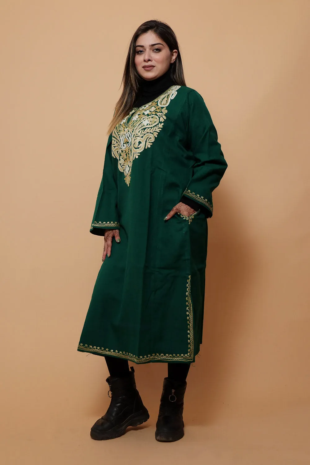 Dark Green Color Aari Work Embroidered Phiran Enriched Designer Neckline Pattern