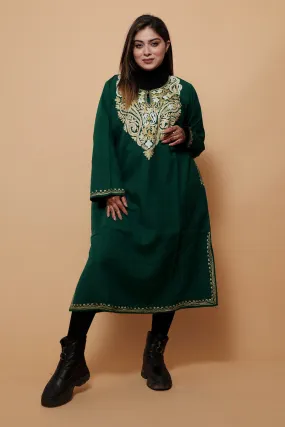 Dark Green Color Aari Work Embroidered Phiran Enriched Designer Neckline Pattern