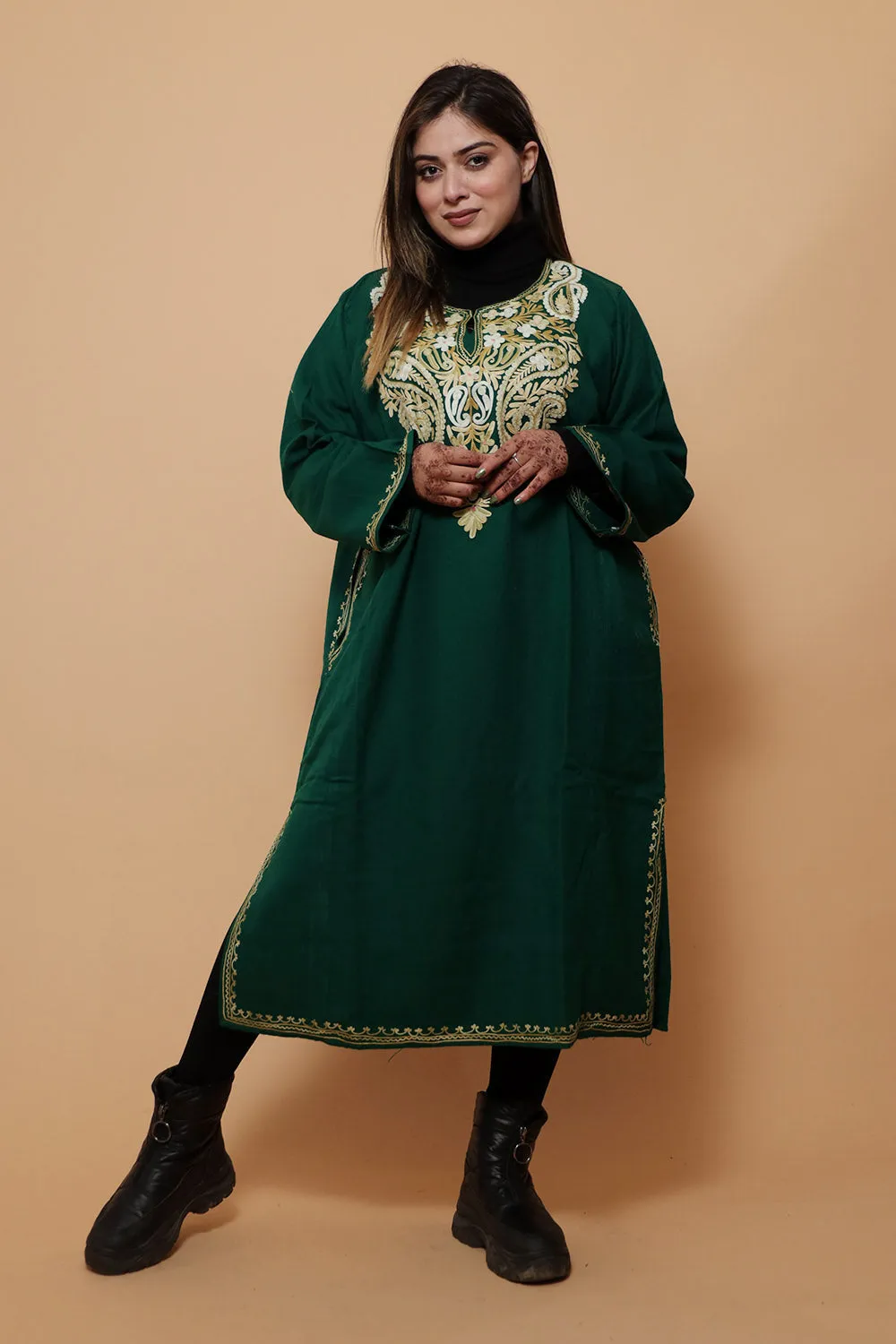 Dark Green Color Aari Work Embroidered Phiran Enriched Designer Neckline Pattern