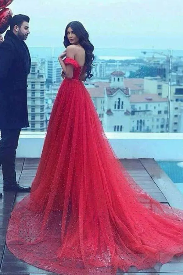 Dark Red Tulle A-Line Off-the-Shoulder Long Prom Dress with Court Train, M168