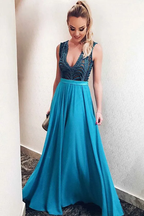 Deep V neck A line Blue Satin Backless Long Prom Dresses Evening Gowns, M312