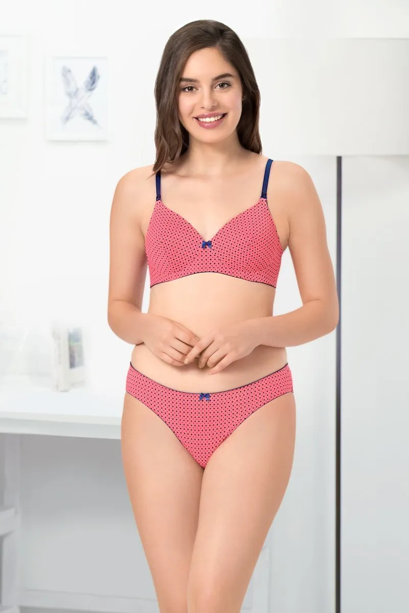 Delicate Dots Padded Non-Wired T-Shirt Bra - Sun Coral-Blue Pr