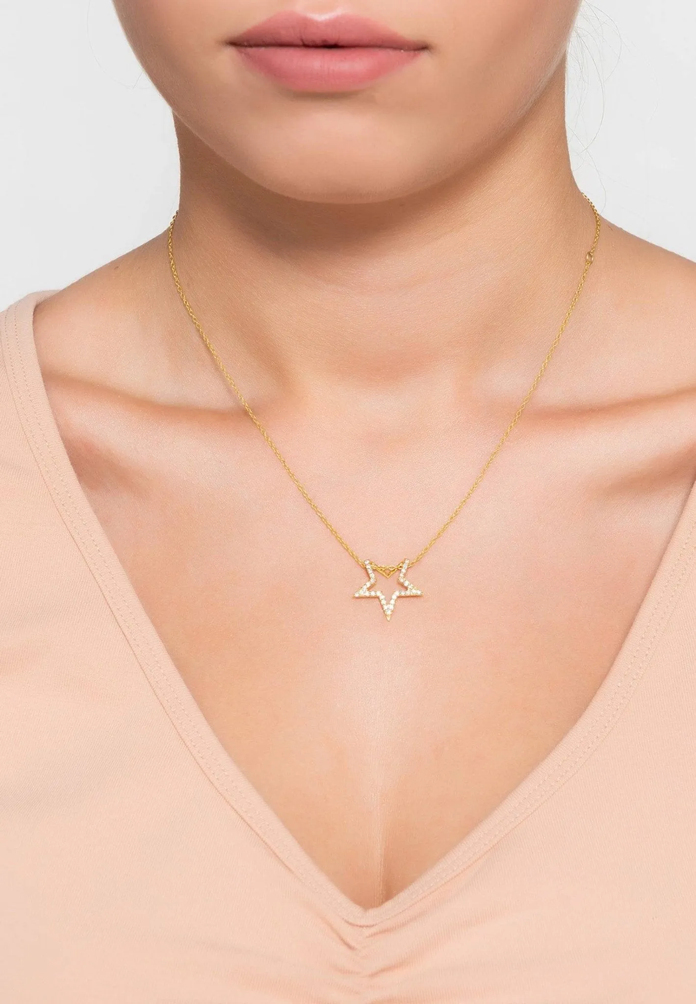 Diamond Open Star Pendant Necklace Rosegold