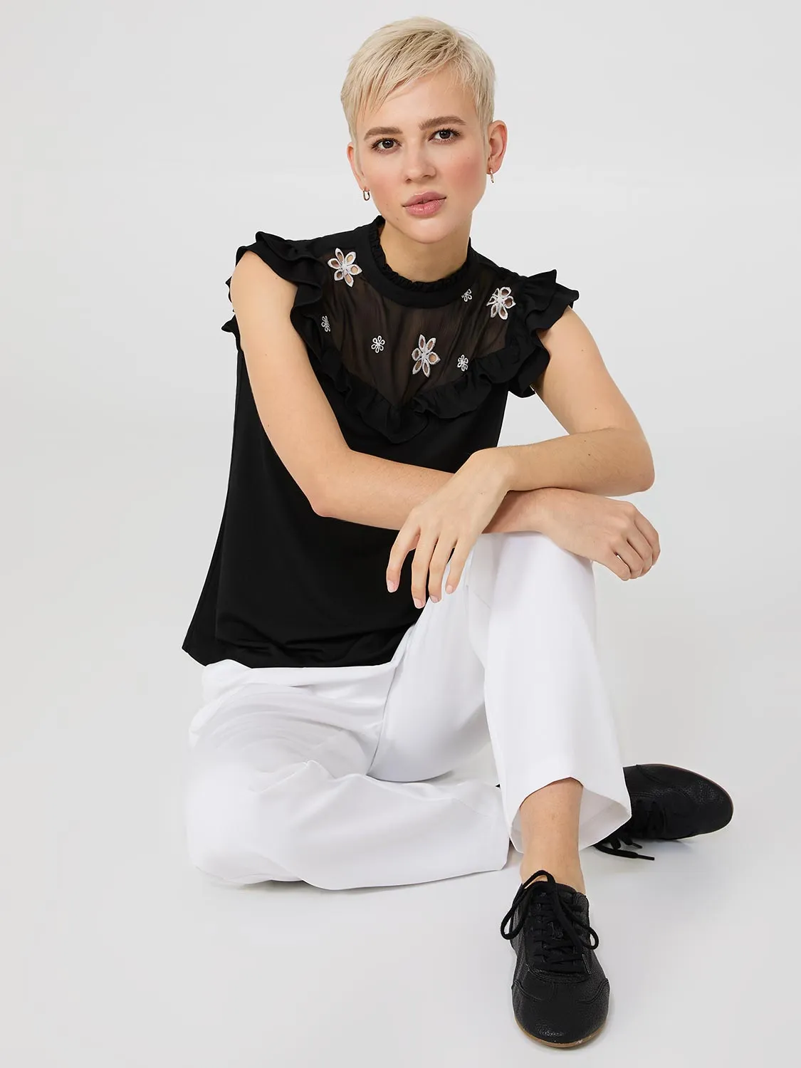 Double Ruffle Embroidered Top