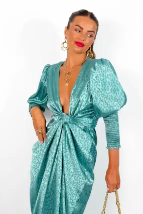 Drive Em Wild - Sea Green Satin Leopard Jacquard Midi Wrap Dress