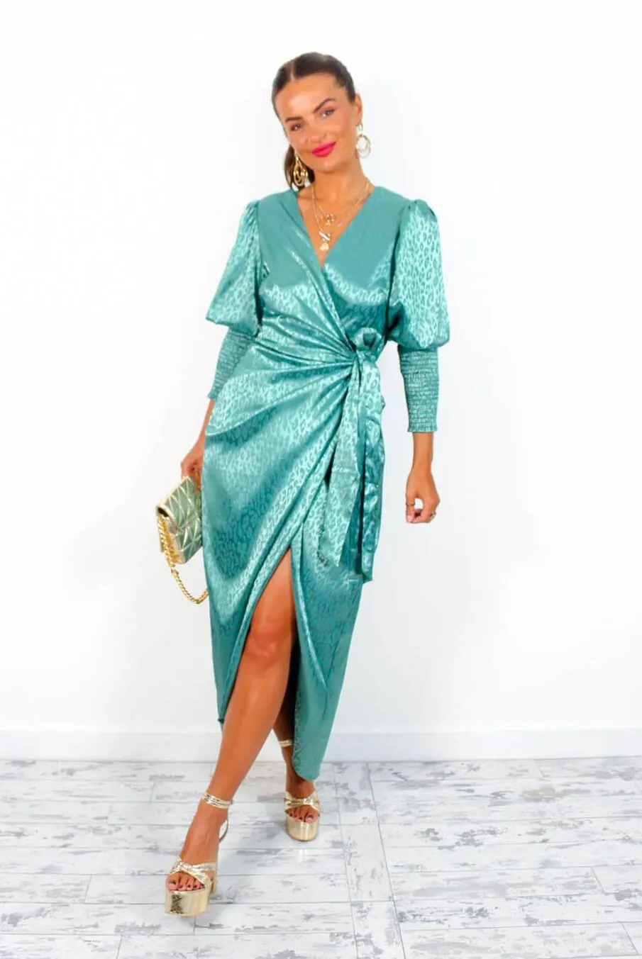 Drive Em Wild - Sea Green Satin Leopard Jacquard Midi Wrap Dress