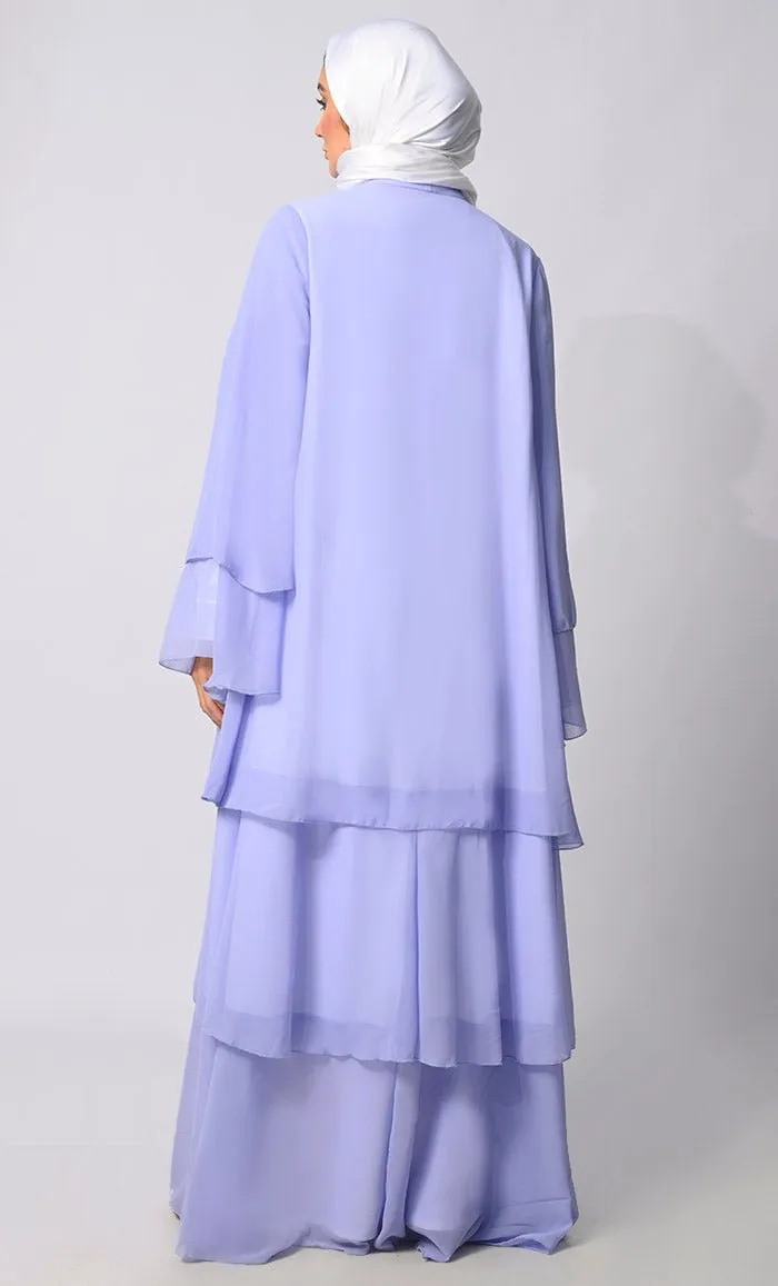 Elegance in Layers: Blue Tiered Shrug with Satin Lining