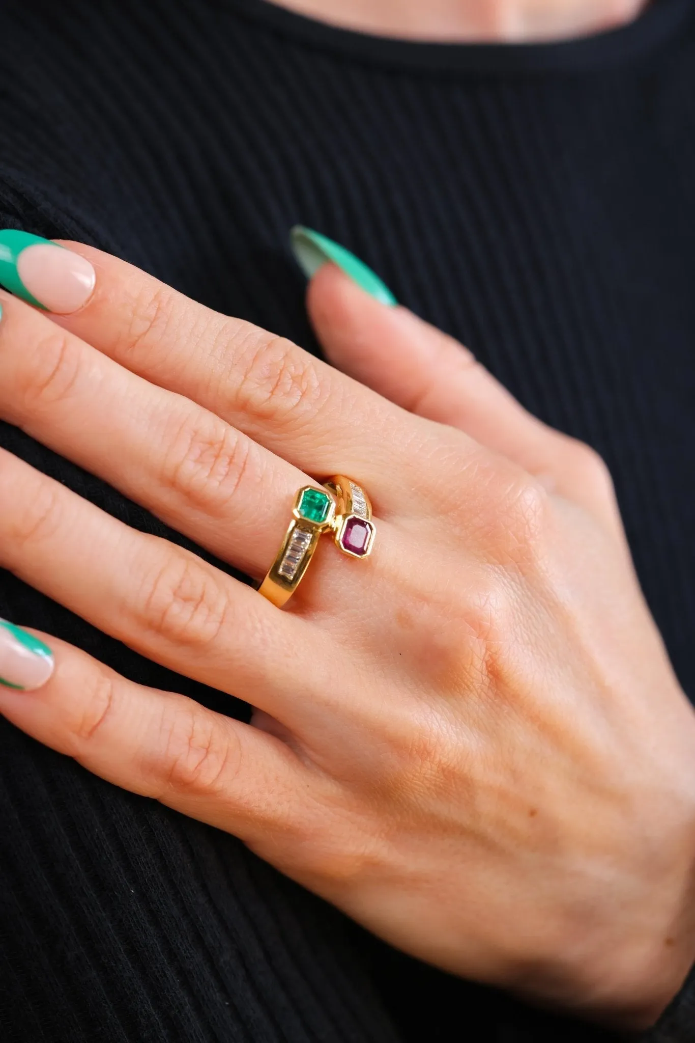 Emerald Ruby Diamond Yellow Gold Bypass Ring