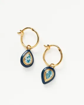 Enamel & Stone Droplet Charm Mini Hoop Earrings | 18ct Gold Vermeil/Aqua Blue Cubic Zirconia