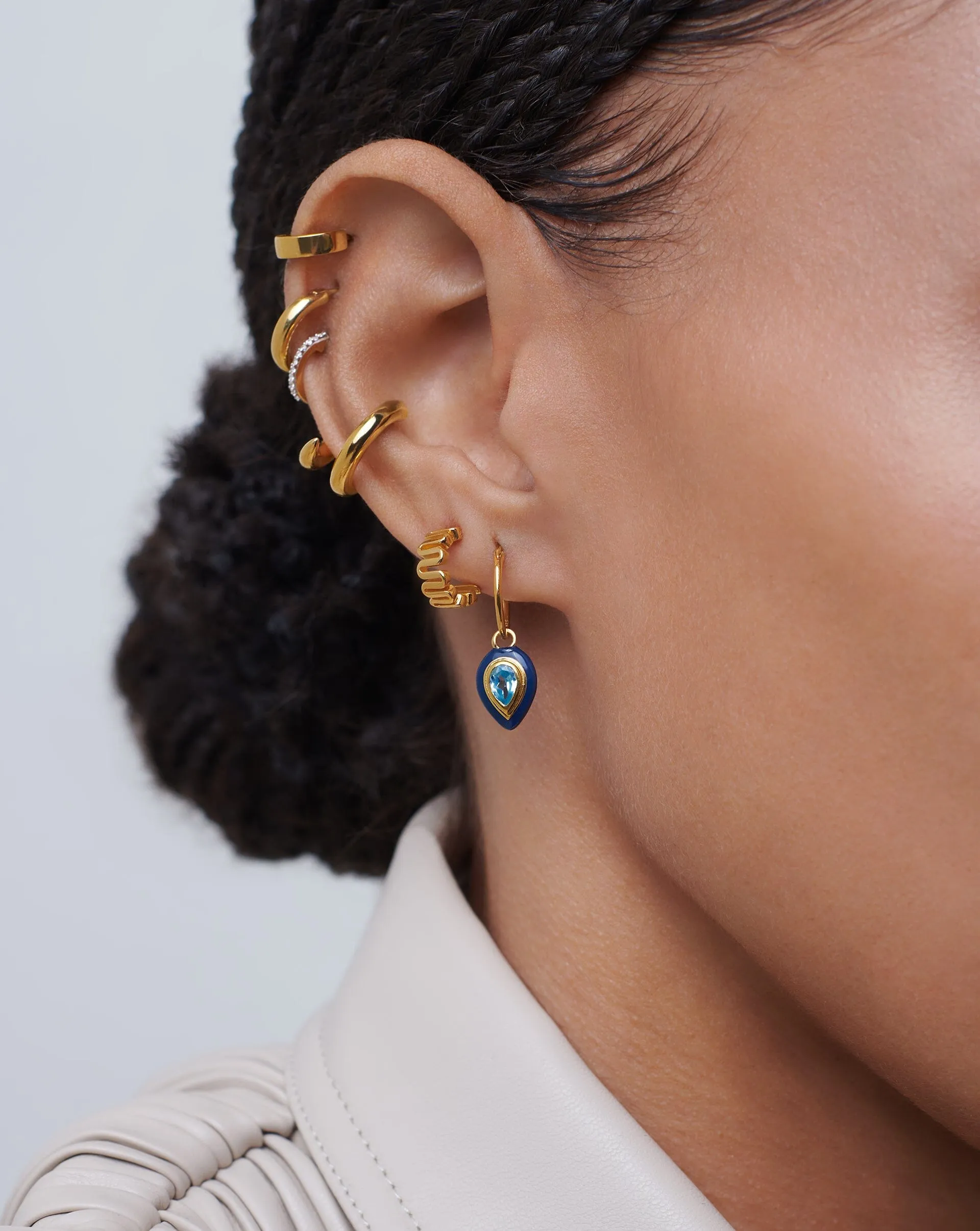 Enamel & Stone Droplet Charm Mini Hoop Earrings | 18ct Gold Vermeil/Aqua Blue Cubic Zirconia