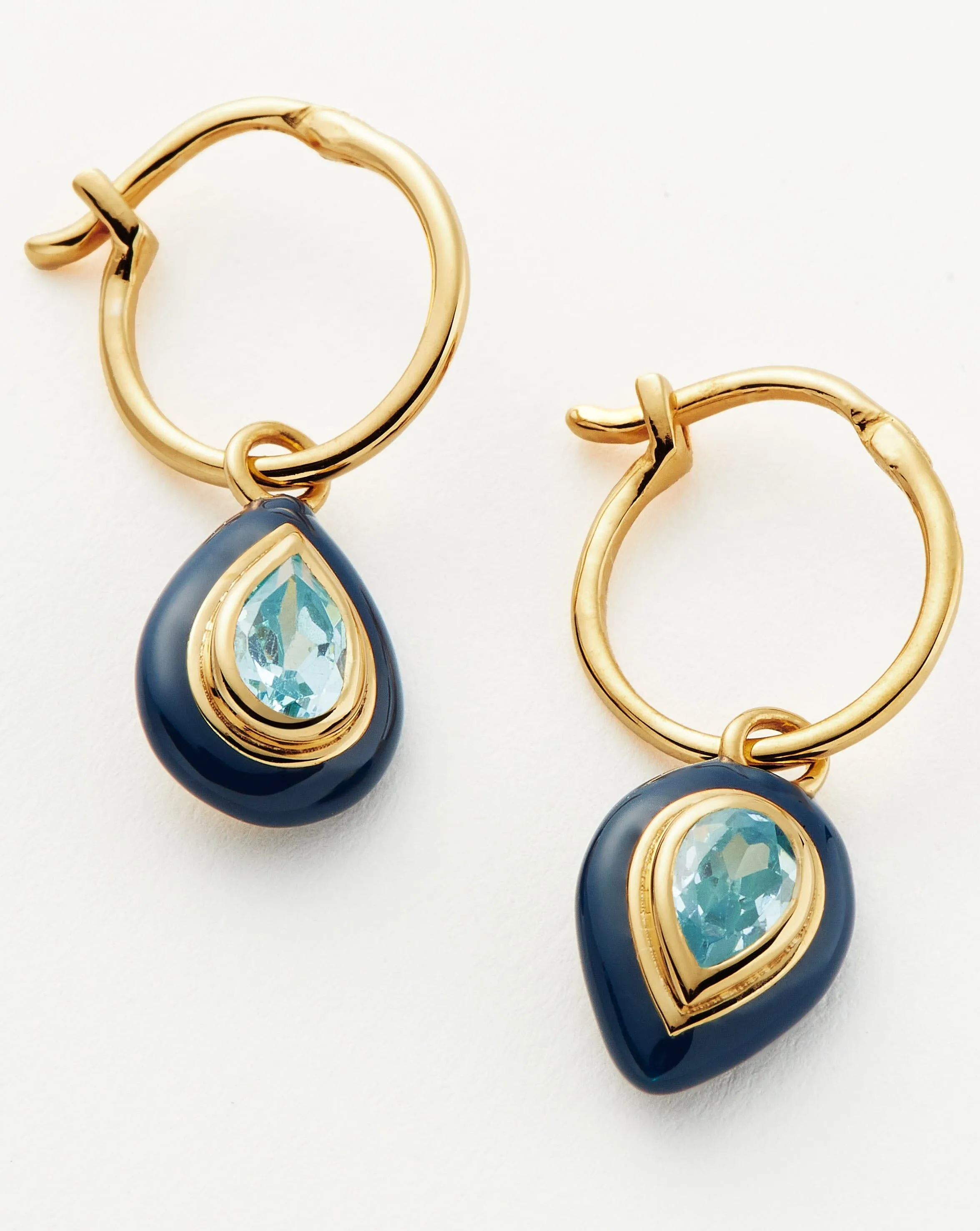 Enamel & Stone Droplet Charm Mini Hoop Earrings | 18ct Gold Vermeil/Aqua Blue Cubic Zirconia