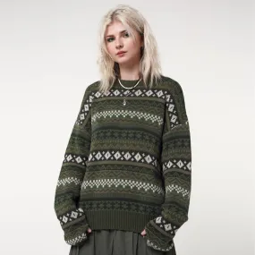 Fair Isle Crew Neck Long Sleeve Geometric Jacquard Knit Sweater