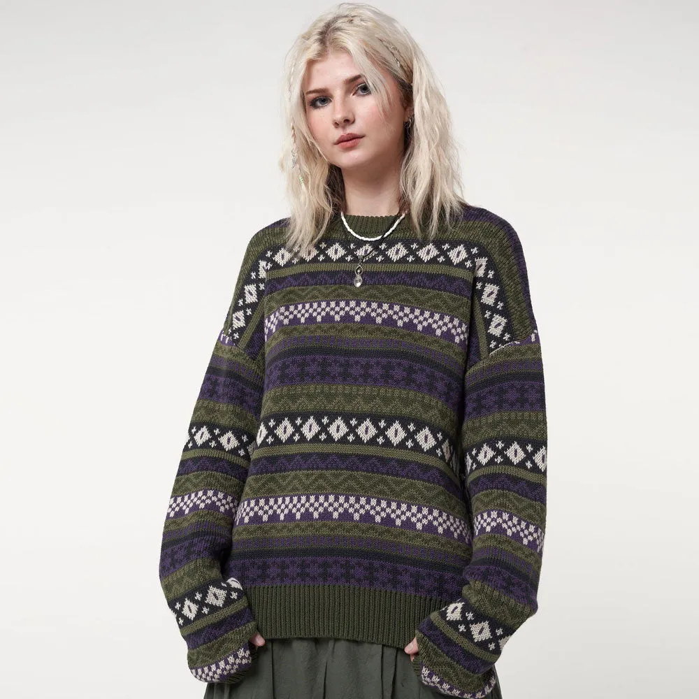 Fair Isle Crew Neck Long Sleeve Geometric Jacquard Knit Sweater