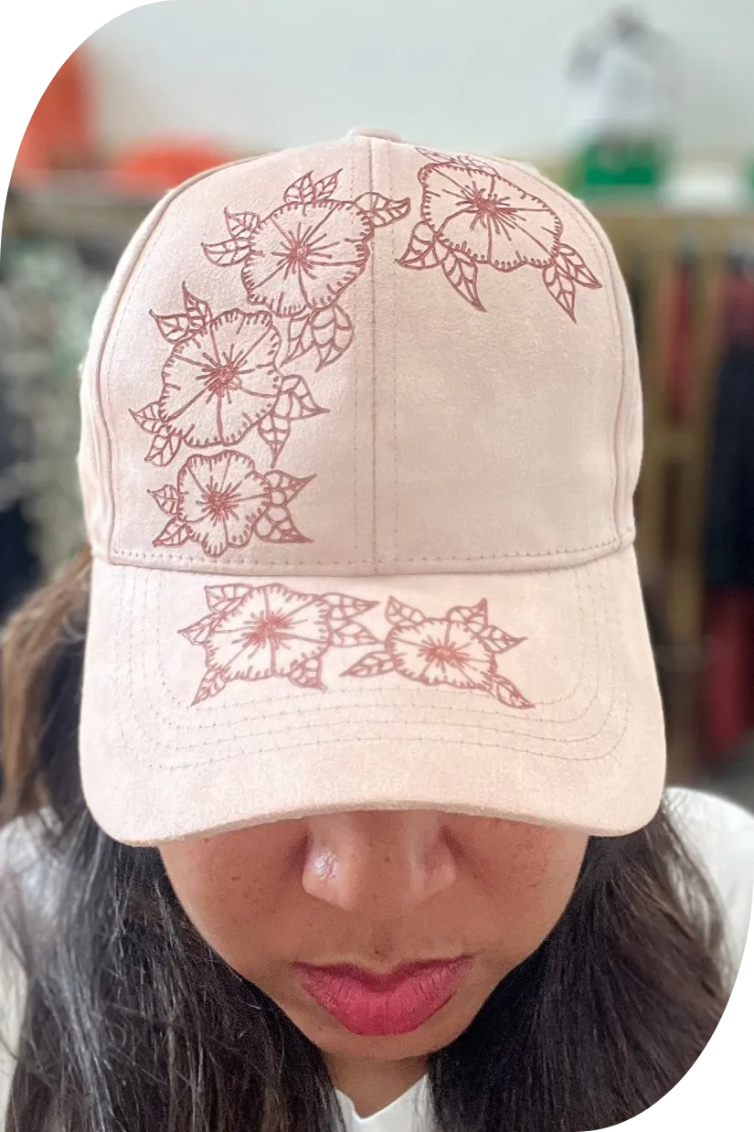 Floral Burn Art on Vegan Suede Ball Cap