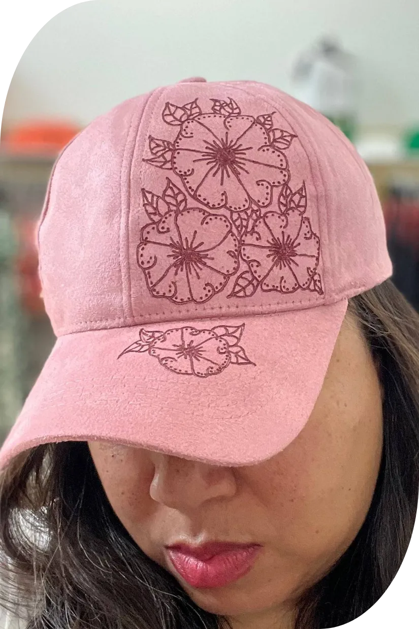 Floral Burn Art on Vegan Suede Ball Cap