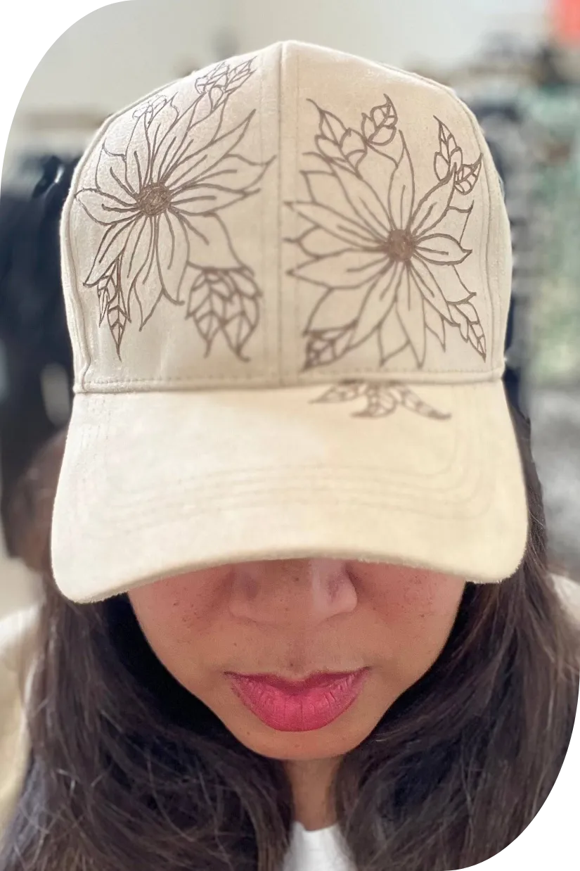 Floral Burn Art on Vegan Suede Ball Cap