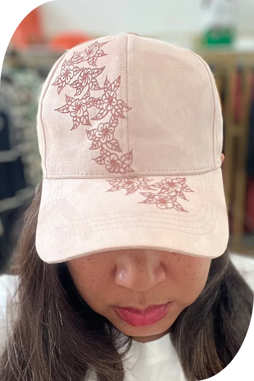 Floral Burn Art on Vegan Suede Ball Cap