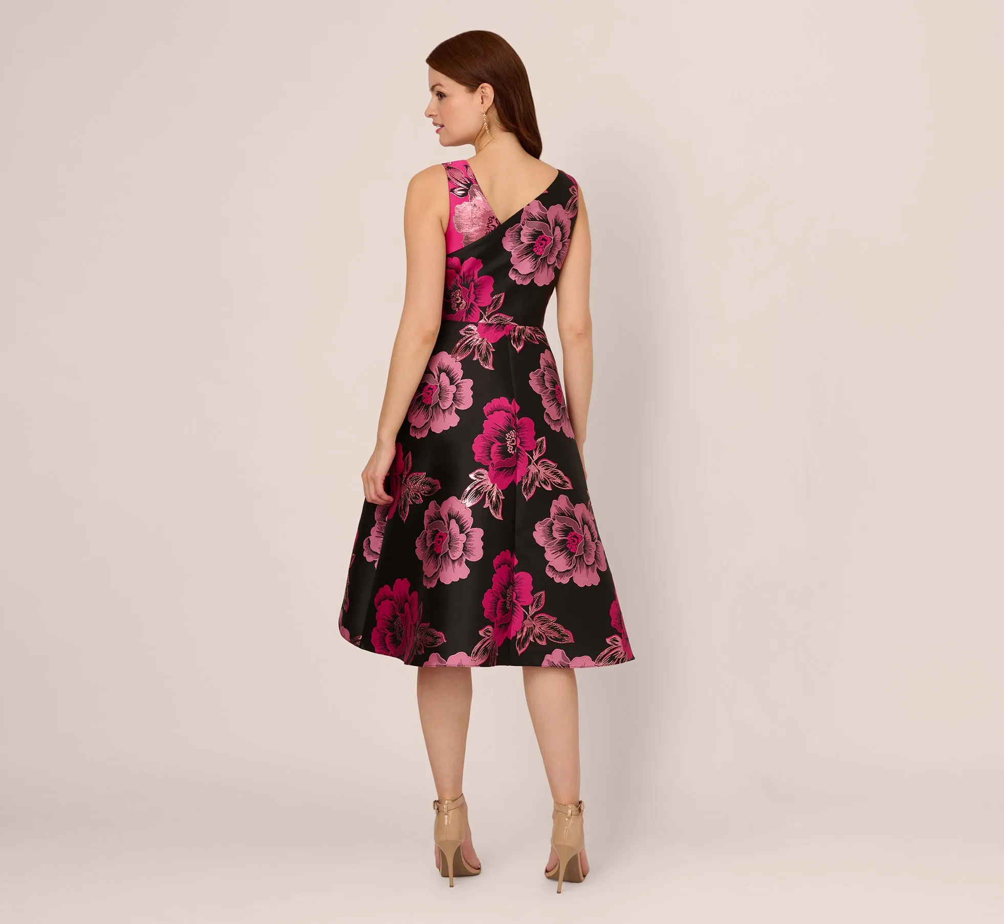 Floral Jacquard High Low Midi Dress With Asymmetrical Neckline In Black Pink