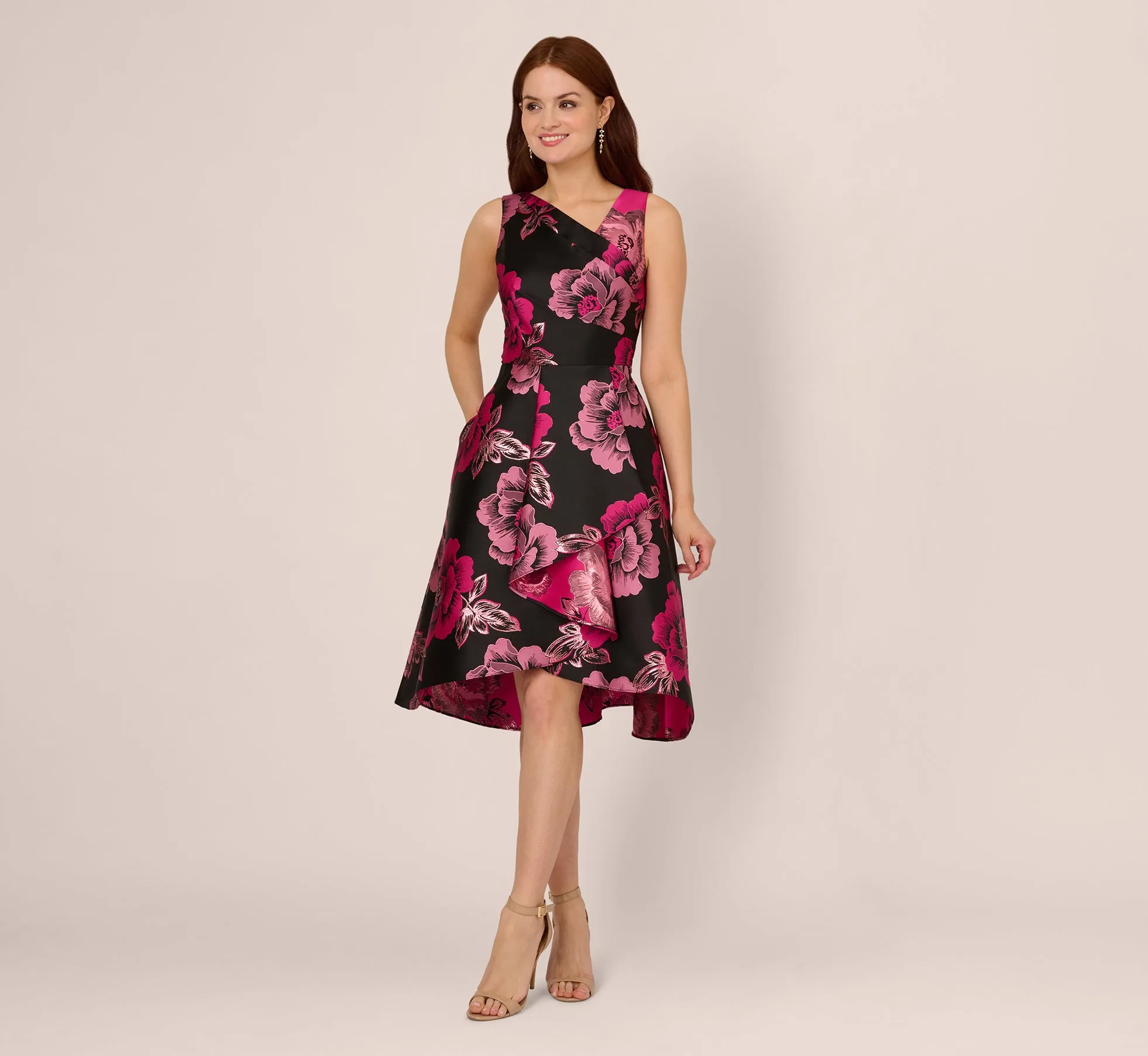 Floral Jacquard High Low Midi Dress With Asymmetrical Neckline In Black Pink