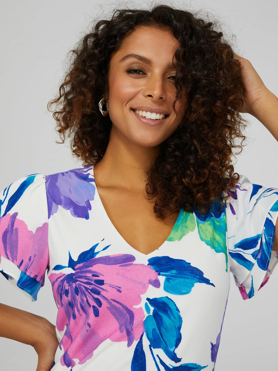 Floral Print Double Ruffle Sleeve V-Neck Top