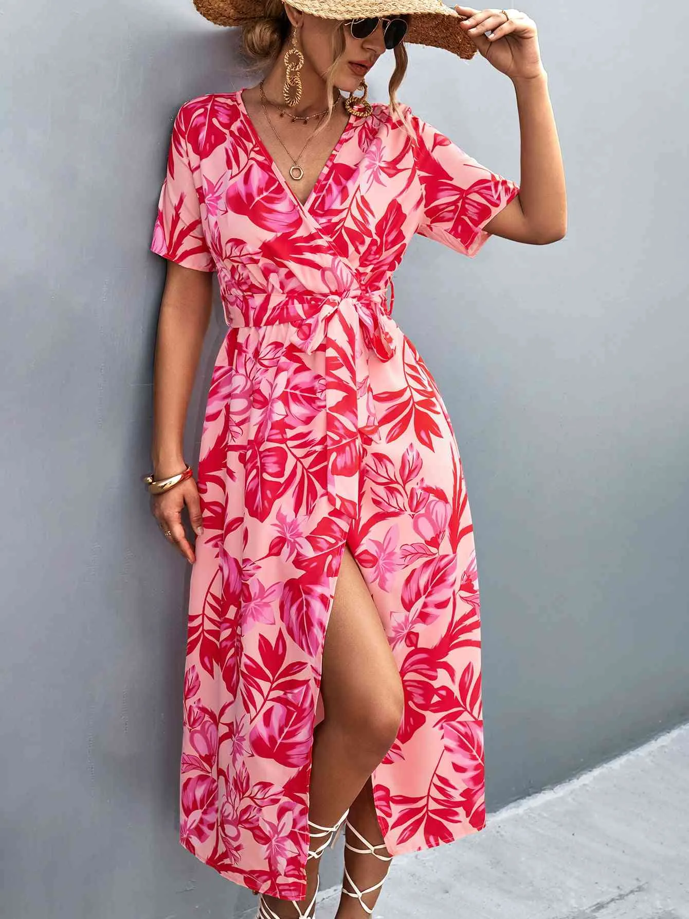 Floral Print High Slit Surplice Neck Tie Waist Midi Dress