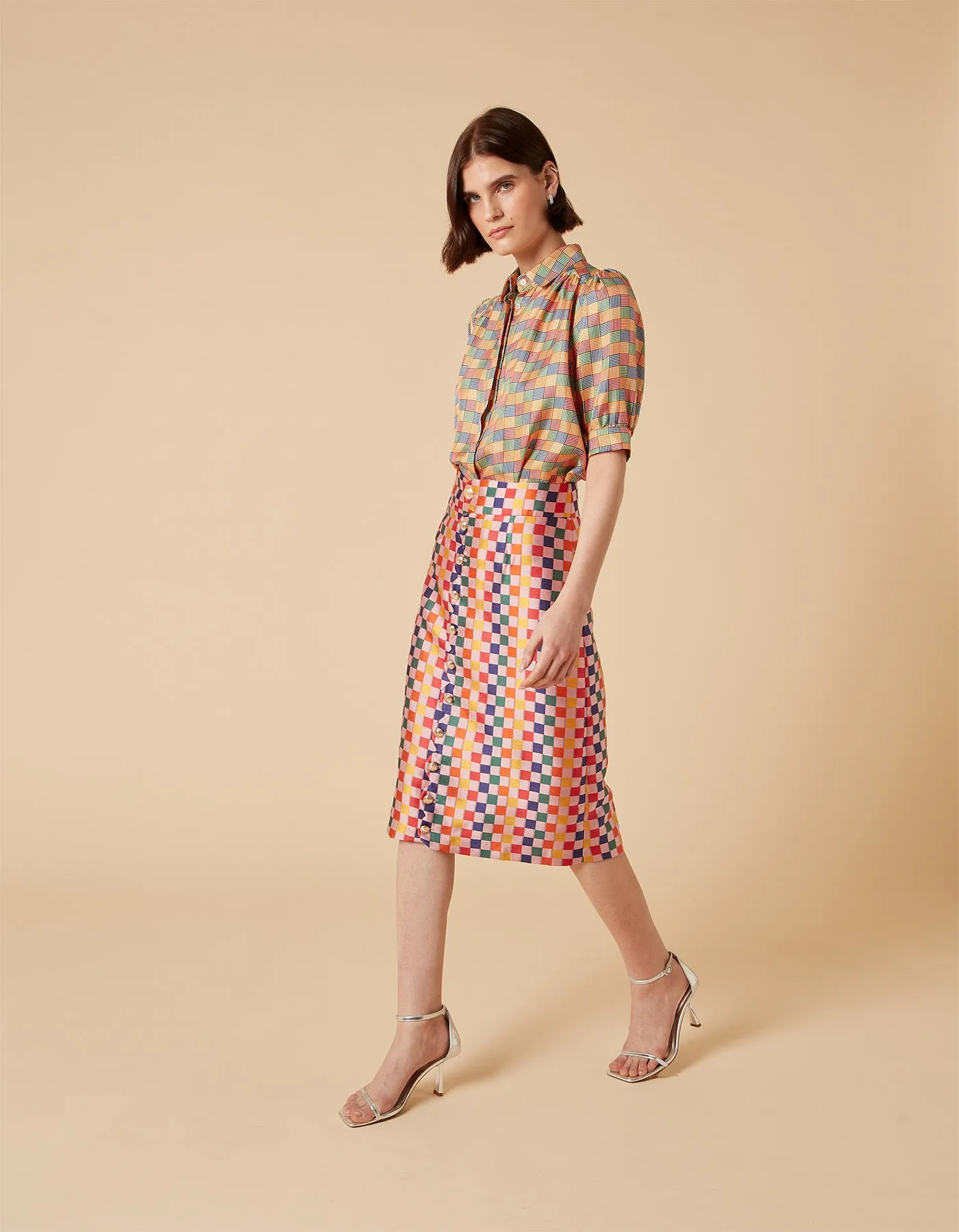 Frankie Rainbow Puzzle Print Silk Jacquard Midi Skirt